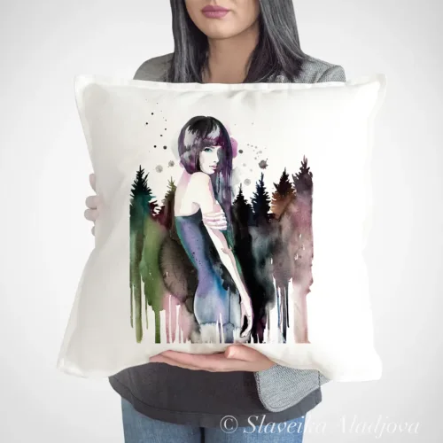 Forest Girl Art Pillow Cover, Watercolor Cushion 50 × 50 cm Forest Girl watercolor painting printed on a 50 x 50 cm cotton art pillow cover by Slaveika Aladjova