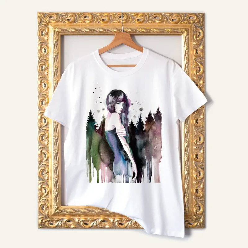 Forest Girl watercolor painting printed on a white cotton T-shirt by Slaveika Aladjova