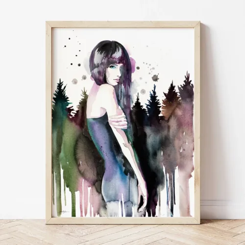 Forest Girl watercolor painting the artwork on the T-shirt by Slaveika Aladjova