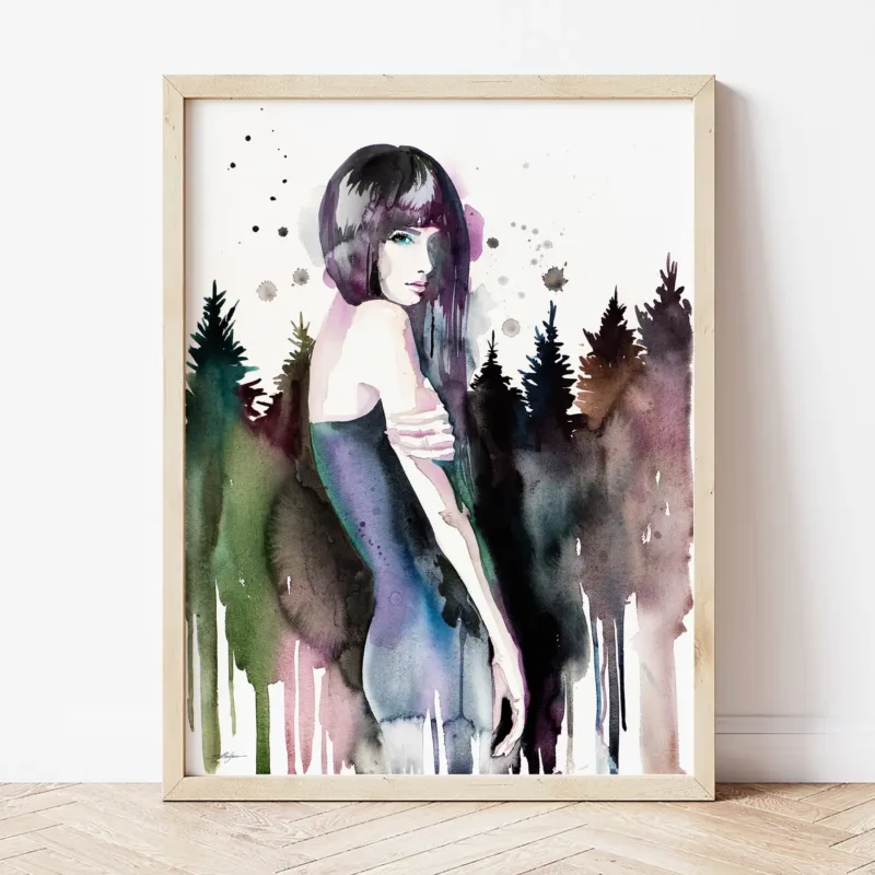Forest Girl watercolor painting the artwork on the T-shirt by Slaveika Aladjova
