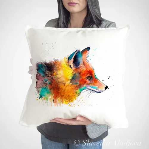 Fox Art Pillow Cover, Watercolor Cushion 50 × 50 cm Fox watercolor painting printed on a 50 x 50 cm cotton art pillow cover by Slaveika Aladjova