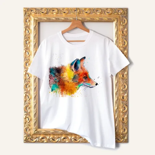 Fox T-Shirt, Watercolor Art Tee Fox watercolor painting printed on a white cotton T-shirt by Slaveika Aladjova