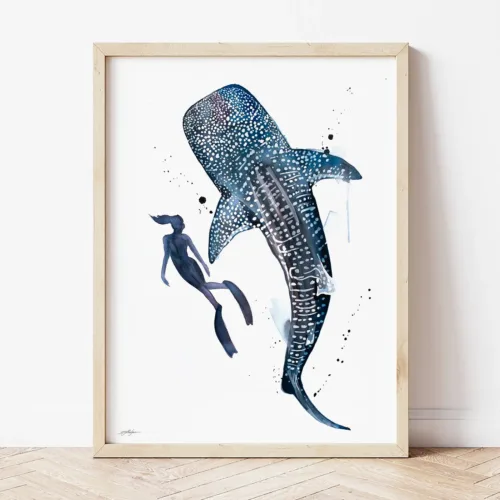 Freediver with whale shark watercolor painting by Slaveika Aladjova, the artwork on the T-shirt