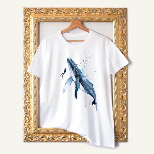 Freediver with Humpback Whale T-Shirt, Watercolor Art Tee Freediver with Humpback Whale watercolor painting printed on a white cotton T-shirt by Slaveika Aladjova