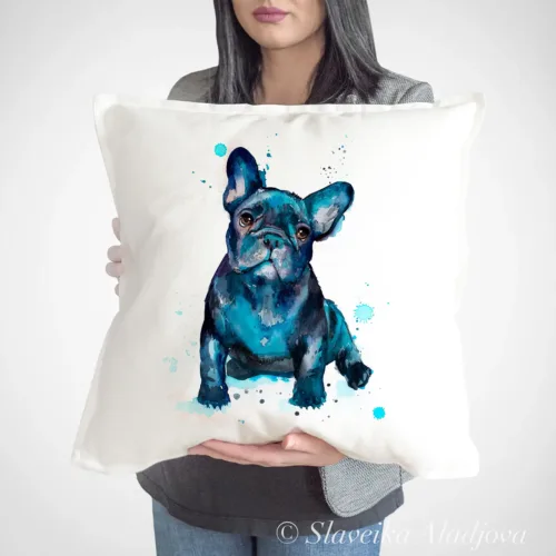 French Bulldog Puppy watercolor painting printed on a 50 x 50 cm cotton art pillow cover by Slaveika Aladjova