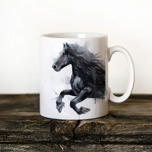 Friesian Horse Art Mug, Watercolor Ceramic Mug 11 oz Friesian Horse watercolor painting printed on an 11 oz ceramic art mug by Slaveika Aladjova
