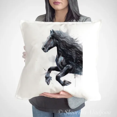 Friesian Horse Art Pillow Cover, Watercolor Cushion 50 × 50 cm Friesian Horse watercolor painting printed on a 50 x 50 cm cotton art pillow cover by Slaveika Aladjova