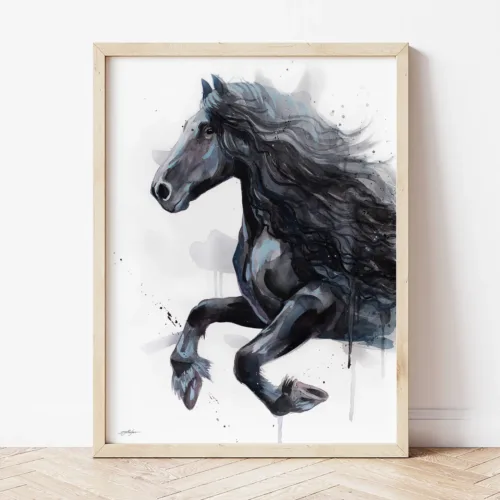 Friesian Horse watercolor painting the artwork on the T-shirt by Slaveika Aladjova