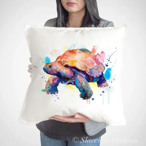 Galapagos Giant Tortoise Art Pillow Cover, Watercolor Cushion 50 × 50 cm Galapagos Giant Tortoise watercolor painting printed on a 50 x 50 cm cotton art pillow cover by Slaveika Aladjova
