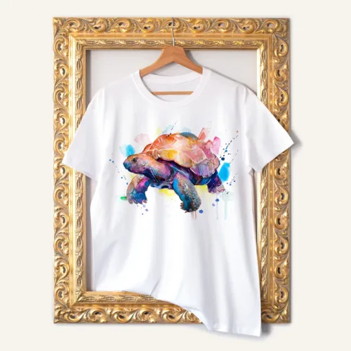 Galapagos Giant Tortoise watercolor painting printed on a white cotton T-shirt by Slaveika Aladjova