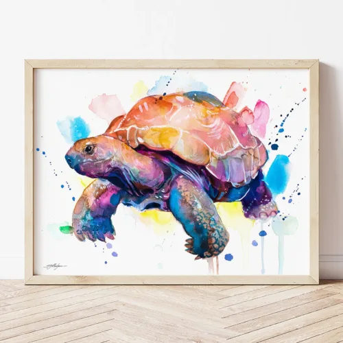 Galapagos Giant Tortoise watercolor painting the artwork on the T-shirt by Slaveika Aladjova