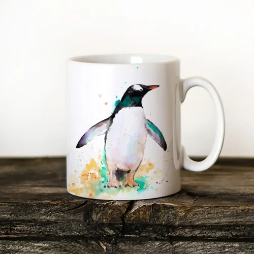 Gentoo Penguin watercolor painting printed on an 11 oz ceramic art mug by Slaveika Aladjova