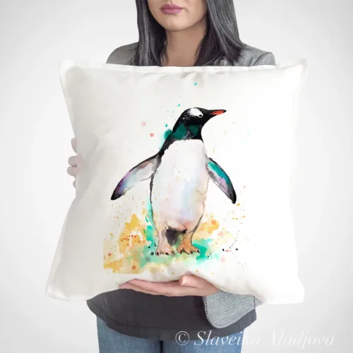 Gentoo Penguin Art Pillow Cover, Watercolor Cushion 50 × 50 cm Gentoo Penguin watercolor painting printed on a 50 x 50 cm cotton art pillow cover by Slaveika Aladjova