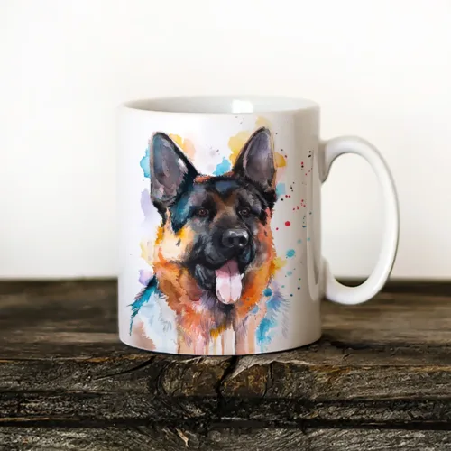 German Shepherd watercolor painting printed on an 11 oz ceramic art mug by Slaveika Aladjova