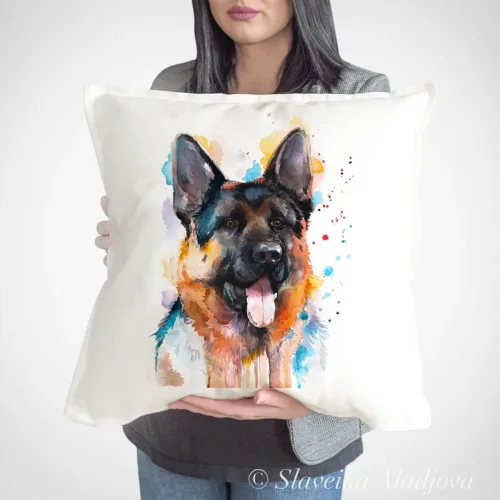 German Shepherd Art Pillow Cover, Watercolor Cushion 50 × 50 cm German Shepherd watercolor painting printed on a 50 x 50 cm cotton art pillow cover by Slaveika Aladjova