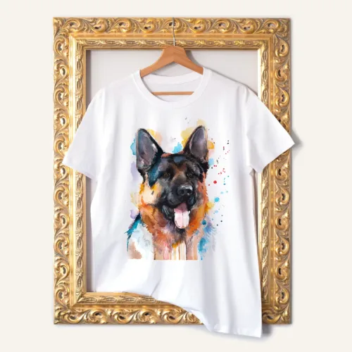 German Shepherd watercolor painting printed on a white cotton T-shirt by Slaveika Aladjova