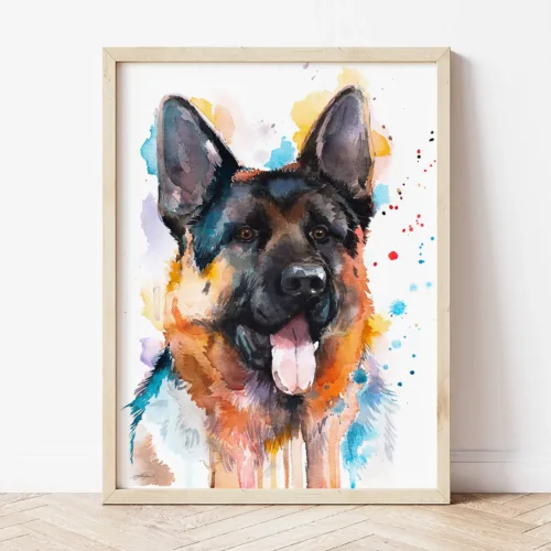German Shepherd watercolor painting the artwork on the T-shirt by Slaveika Aladjova