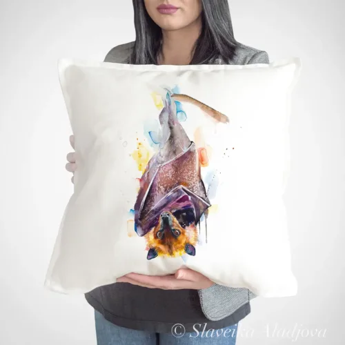 Golden-crowned Flying Fox Art Pillow Cover, Watercolor Cushion 50 × 50 cm Golden-crowned Flying Fox watercolor painting printed on a 50 x 50 cm cotton art pillow cover by Slaveika Aladjova