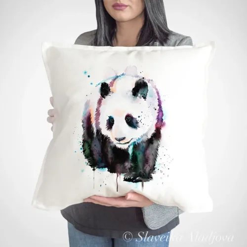 Giant Panda watercolor painting printed on a 50 x 50 cm cotton art pillow cover by Slaveika Aladjova