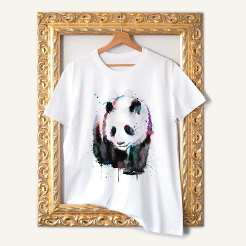 Giant Panda watercolor painting printed on a white cotton T-shirt by Slaveika Aladjova