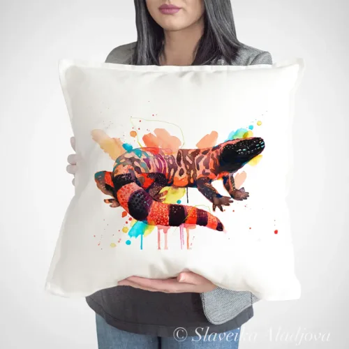 Gila Monster Art Pillow Cover, Watercolor Cushion 50 × 50 cm Gila Monster watercolor painting printed on a 50 x 50 cm cotton art pillow cover by Slaveika Aladjova