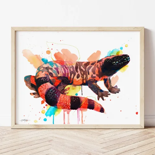 Gila Monster watercolor painting the artwork on the T-shirt by Slaveika Aladjova