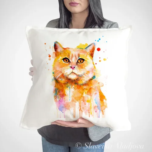 Ginger Cat Art Pillow Cover, Watercolor Cushion 50 × 50 cm Ginger Cat watercolor painting printed on a 50 x 50 cm cotton art pillow cover by Slaveika Aladjova