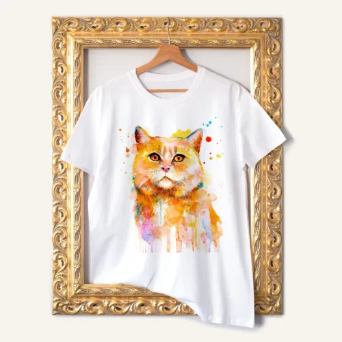 Ginger Cat T-Shirt, Watercolor Art Tee Ginger Cat watercolor painting printed on a white cotton T-shirt by Slaveika Aladjova