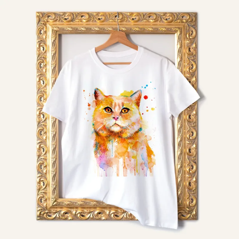 Ginger Cat watercolor painting printed on a white cotton T-shirt by Slaveika Aladjova