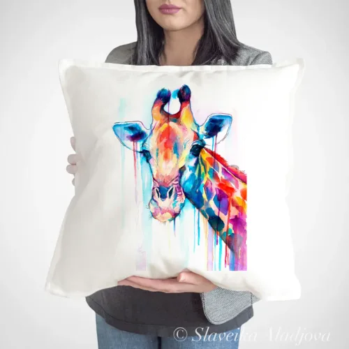Giraffe Art Pillow Cover, Watercolor Cushion 50 × 50 cm Giraffe watercolor painting printed on a 50 x 50 cm cotton art pillow cover by Slaveika Aladjova