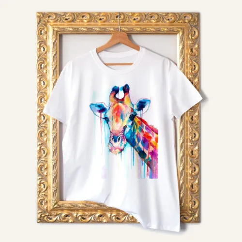 Giraffe watercolor painting printed on a white cotton T-shirt by Slaveika Aladjova