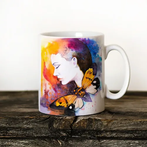 Girl with a Butterfly Art Mug, Watercolor Ceramic Mug 11 oz Girl with a Butterfly watercolor painting printed on an 11 oz ceramic art mug by Slaveika Aladjova