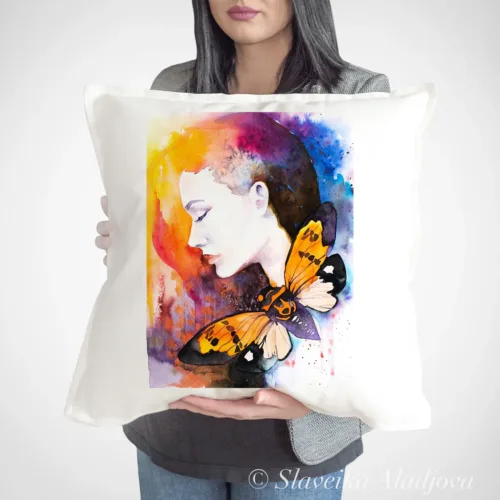Girl with a Butterfly Art Pillow Cover, Watercolor Cushion 50 × 50 cm Girl with a Butterfly watercolor painting printed on a 50 x 50 cm cotton art pillow cover by Slaveika Aladjova