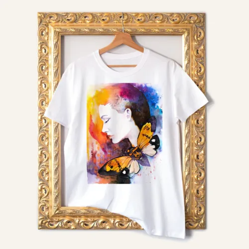 Girl with a Butterfly T-Shirt, Watercolor Art Tee Girl with a Butterfly watercolor painting printed on a white cotton T-shirt by Slaveika Aladjova
