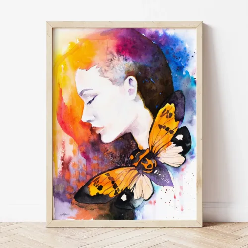 Watercolor portrait of a young woman in profile with closed eyes and an orange and black butterfly at her shoulder, art print by Slaveika Aladjova