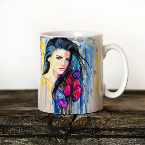 Girl with Feathers Art Mug, Watercolor Ceramic Mug 11 oz Girl with Feathers watercolor painting printed on an 11 oz ceramic art mug by Slaveika Aladjova