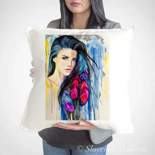 Girl with Feathers Art Pillow Cover, Watercolor Cushion 50 × 50 cm Girl with Feathers watercolor painting printed on a 50 x 50 cm cotton art pillow cover by Slaveika Aladjova