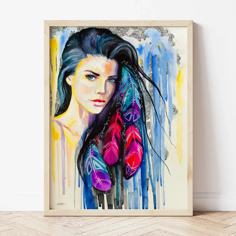 Girl with Feathers watercolor painting the artwork on the T-shirt by Slaveika Aladjova