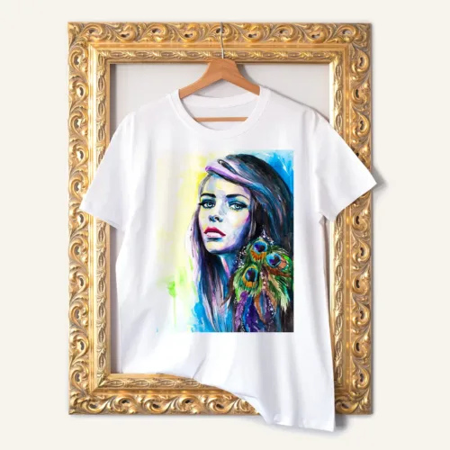 Girl with Peacock Feathers T-Shirt, Watercolor Art Tee Girl with Peacock Feathers watercolor painting printed on a white cotton T-shirt by Slaveika Aladjova