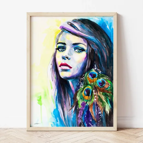 Girl with Peacock Feathers watercolor painting the artwork on the T-shirt by Slaveika Aladjova
