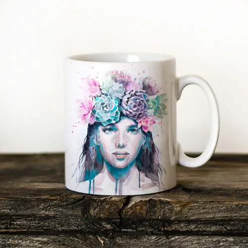 Girl with Succulents Art Mug, Watercolor Ceramic Mug 11 oz Girl with Succulents watercolor painting printed on an 11 oz ceramic art mug by Slaveika Aladjova