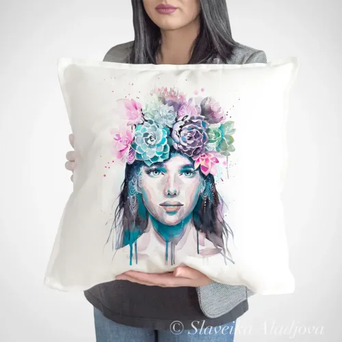 Girl with Succulents Art Pillow Cover, Watercolor Cushion 50 × 50 cm Girl with Succulents watercolor painting printed on a 50 x 50 cm cotton art pillow cover by Slaveika Aladjova