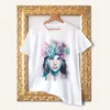 Girl with Succulents watercolor painting printed on a white cotton T-shirt by Slaveika Aladjova