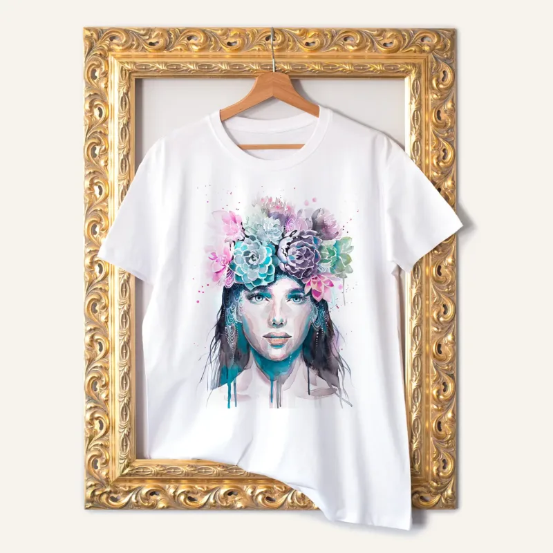 Girl with Succulents watercolor painting printed on a white cotton T-shirt by Slaveika Aladjova