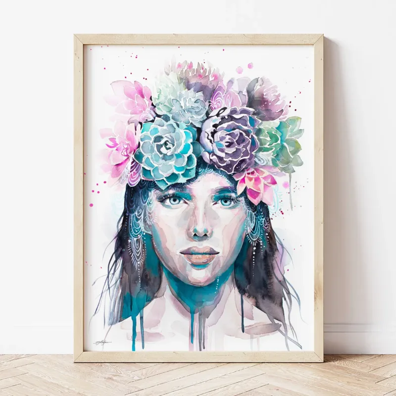Girl with Succulents watercolor painting the artwork on the T-shirt by Slaveika Aladjova