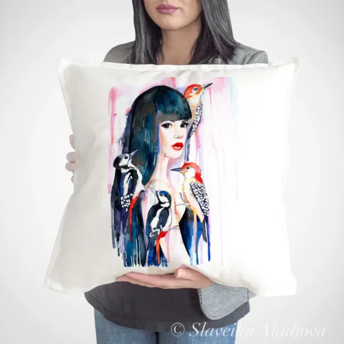 Girl with Woodpeckers Art Pillow Cover, Watercolor Cushion 50 × 50 cm Girl with Woodpeckers watercolor painting printed on a 50 x 50 cm cotton art pillow cover by Slaveika Aladjova