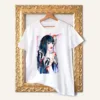 Girl with Woodpeckers watercolor painting printed on a white cotton T-shirt by Slaveika Aladjova