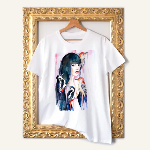Girl with Woodpeckers T-Shirt, Watercolor Art Tee Girl with Woodpeckers watercolor painting printed on a white cotton T-shirt by Slaveika Aladjova