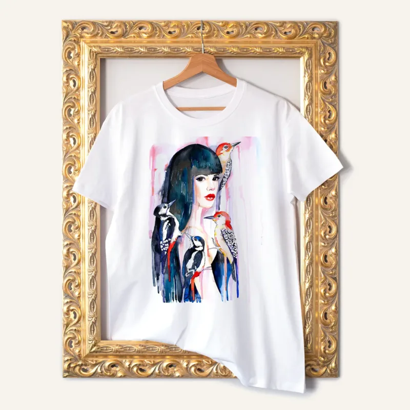 Girl with Woodpeckers watercolor painting printed on a white cotton T-shirt by Slaveika Aladjova