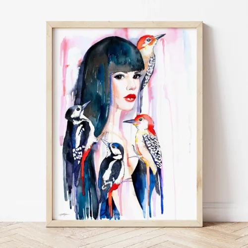 Girl with Woodpeckers watercolor painting the artwork on the T-shirt by Slaveika Aladjova